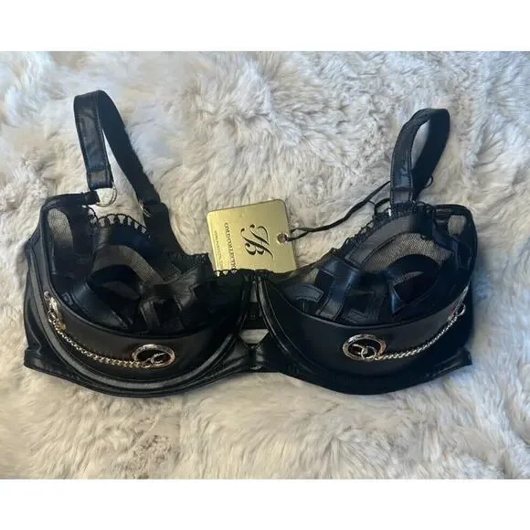 Honey Birdette CLAIRE🖤 Black & Gold Faux Leather Bra 34DD - Picture 2 of 5